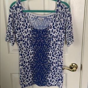 Cache Blue and White Short Sleeve Sweater Size M